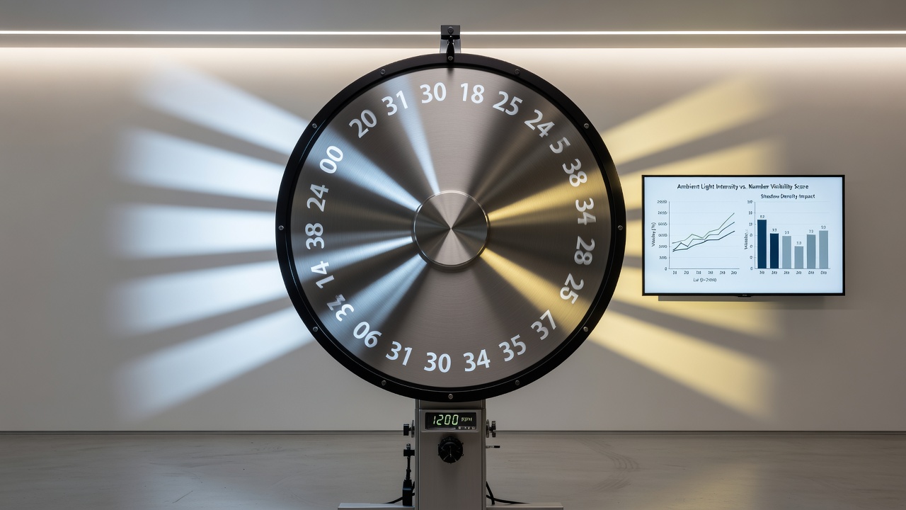 Nahaufnahme eines Roulette-Rades unter dynamischer Studio-Beleuchtung mit Schatten auf Zahlenfeldern